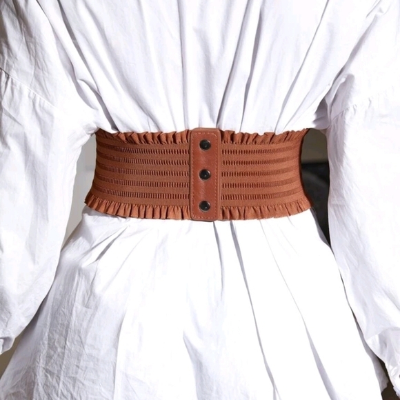 Corset Boho Wide Brown Belt lace up elastic stretch waist ruffle Statement S/M - Picture 11 of 11